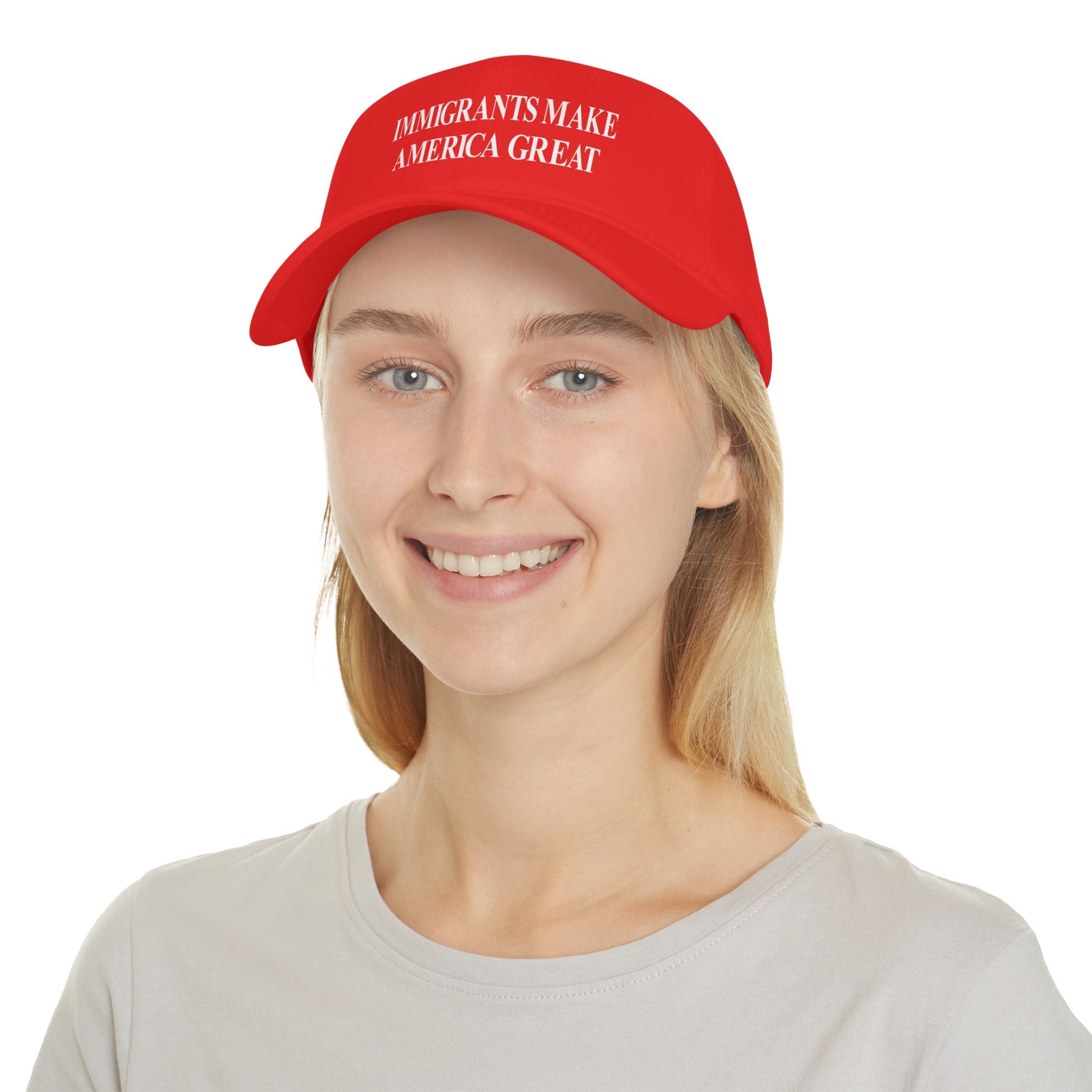 Red Low Profile Baseball Cap – “Immigrants Make America Great” Hat | Patriotic Apparel | Funny Political Gift | Pro-Immigrant Statement Cap
