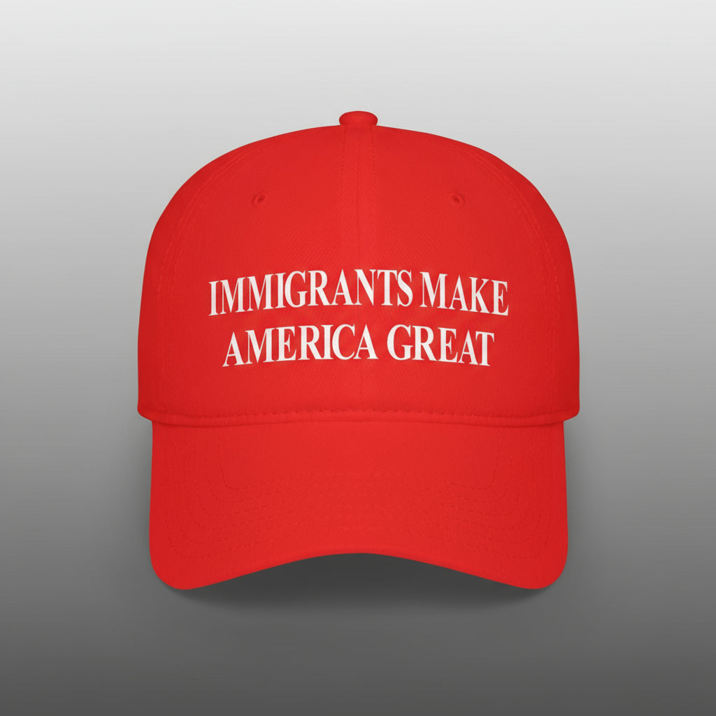 Red cap with 'IMMIGRANTS MAKE AMERICA GREAT' text on a white background